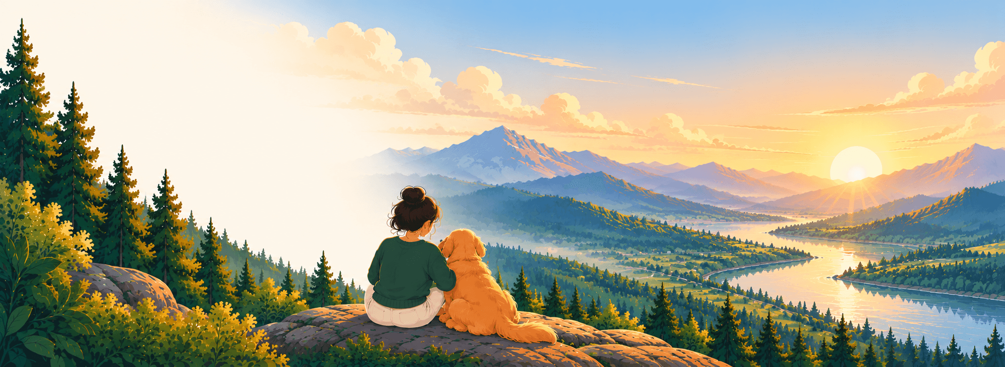 Illustration of a woman and her golden retriever sitting on a rocky outcrop, looking out over a winding river valley and mountains at sunrise.