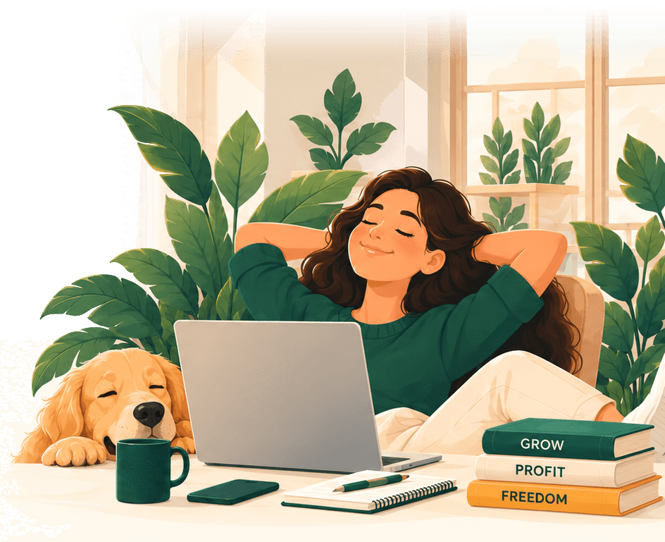 Illustration of a smiling business owner leaning back at her desk with her hands behind her head, a sleepy golden retriever resting beside her laptop, surrounded by plants and stacked books.